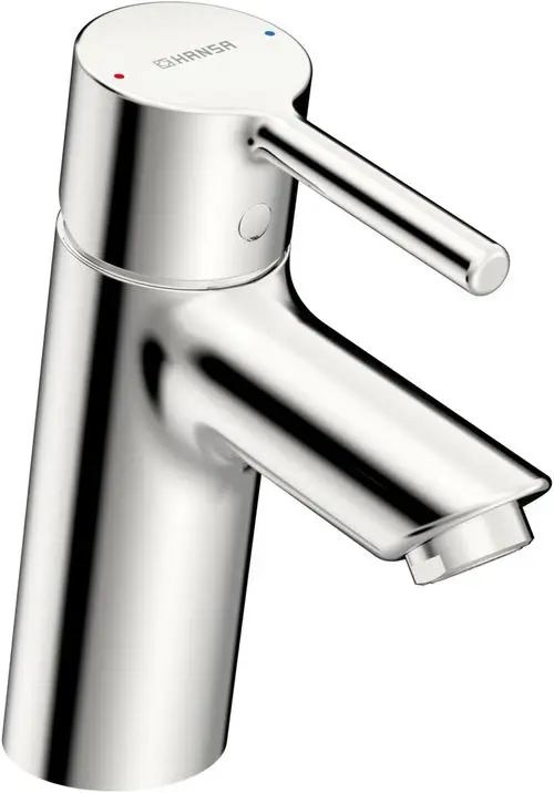 Waschtischarmatur mit einem chromierten Finish und einem Pinhebel zum Regulieren des Wasserflusses, Marke HANSA.